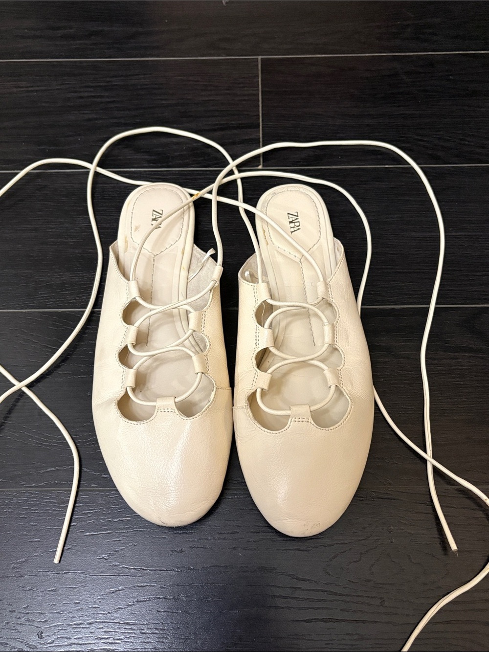 ZARA Cream Lace-Up Leather Women's Mule Ballet Flats